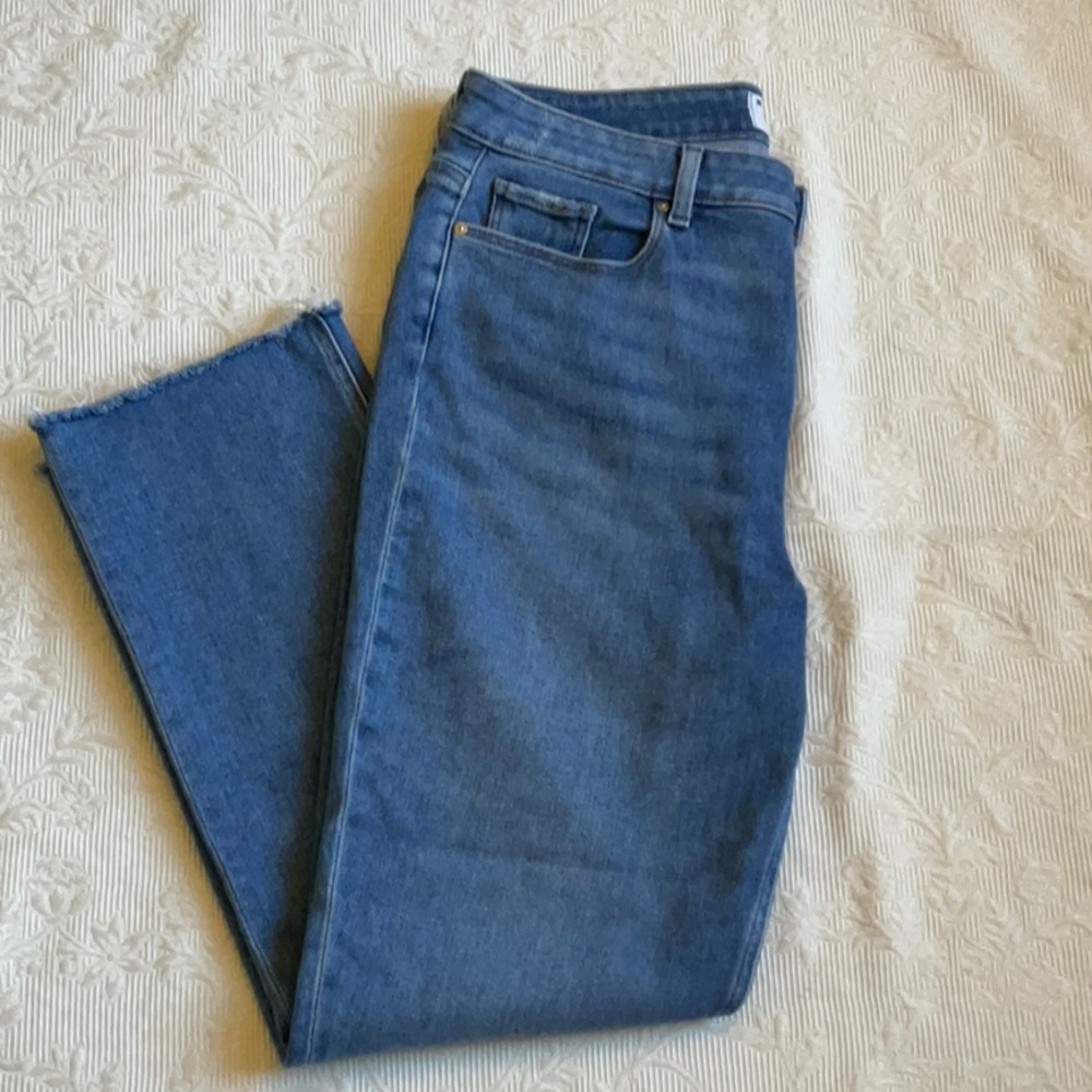 Paige Cindy Straight Jeans, Distressed Bottom Hems, Size 32